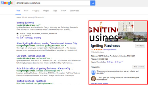 Local Google Results for Igniting Business Columbia, MO