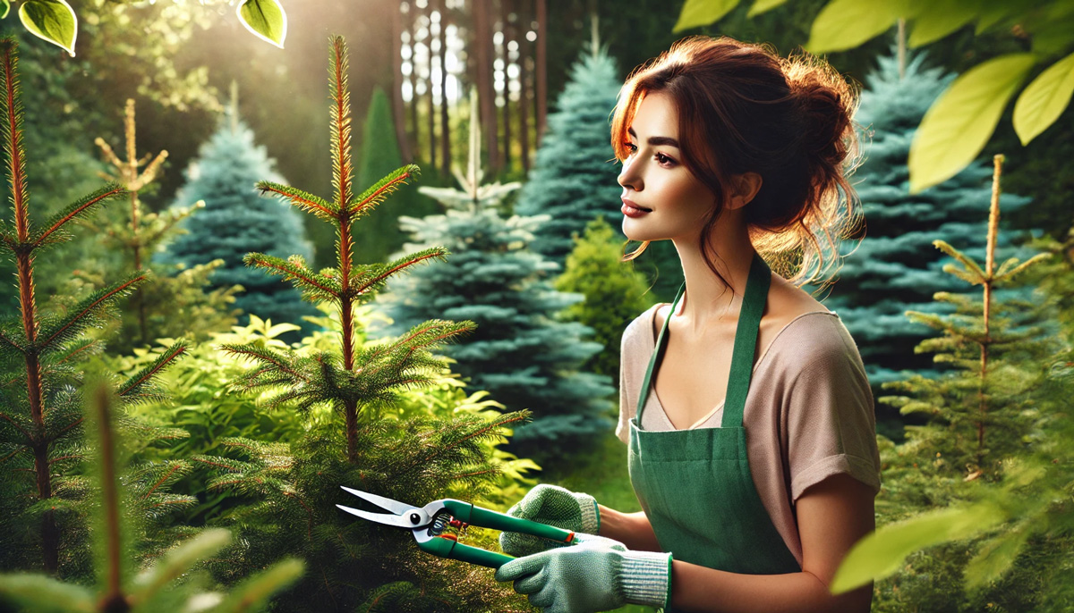 female gardner with evergreen trees