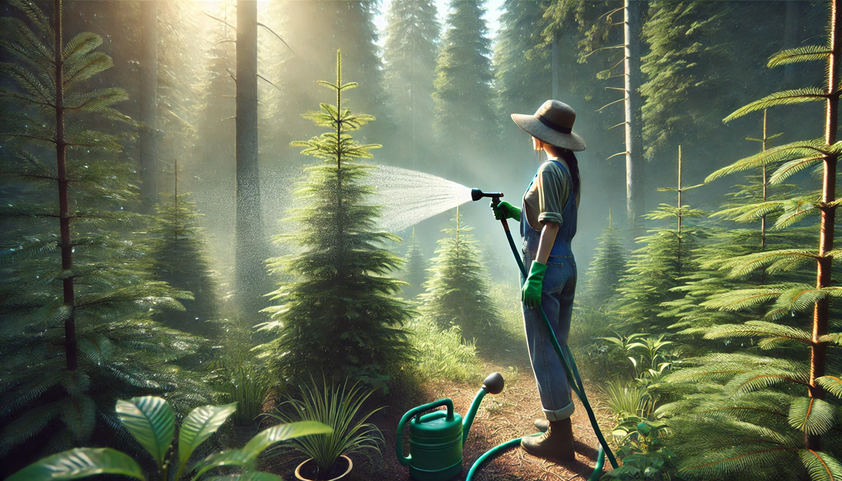 gardener watering evergreen trees