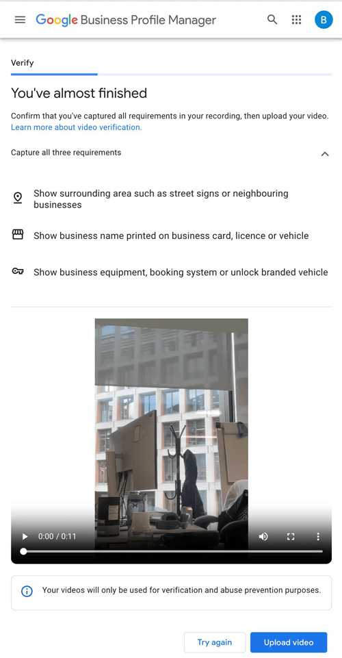 google business profile verification video preview