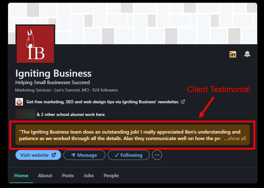 linkedin company page with testimonial