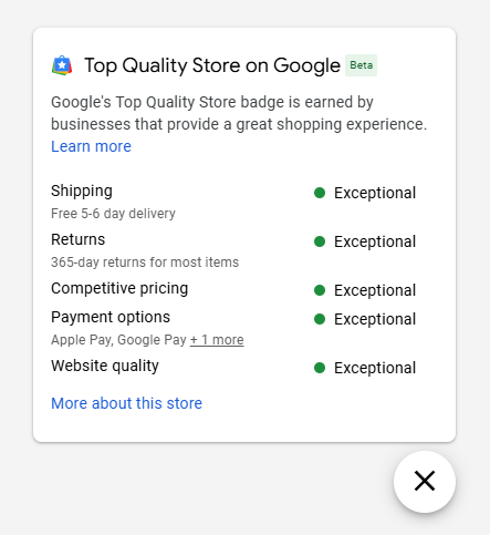 google top quality store badge popup