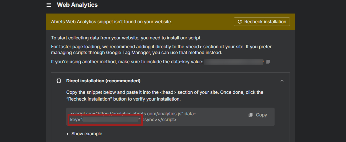ahrefs web analytics key