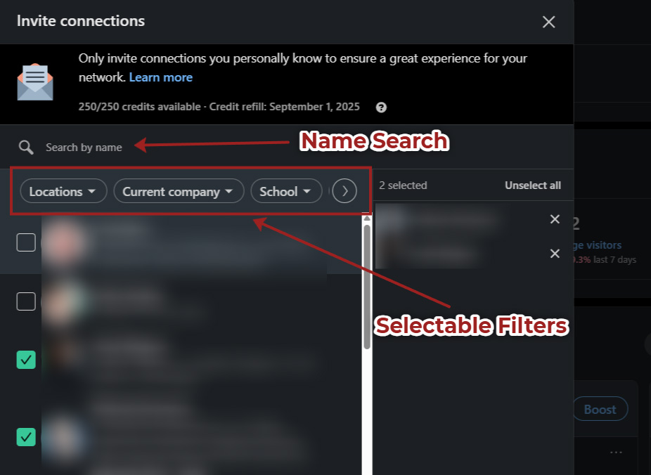 linkedin invite name search and filters