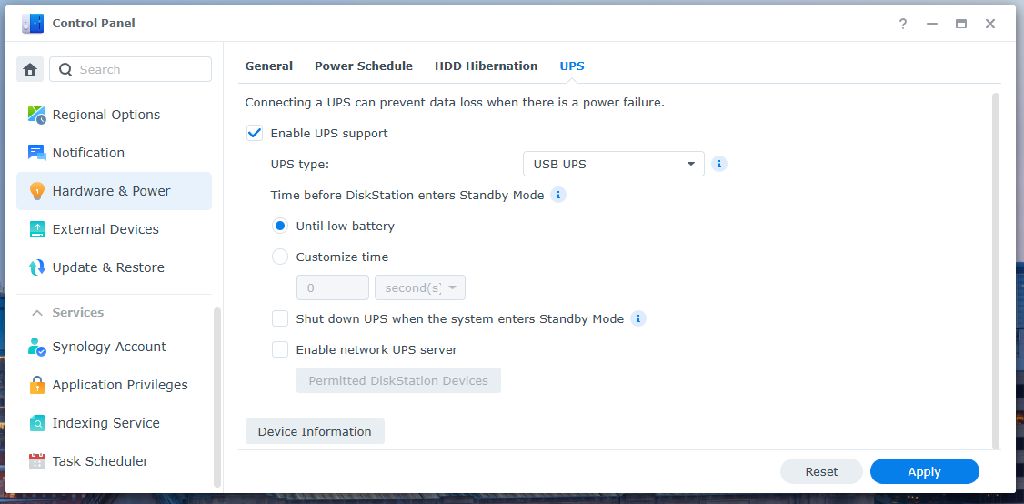 synology nas battery backup settings